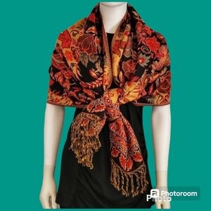 Vtg LRSM & HNOS Red Gold Metallic Floral Tapestry Fringe Wrap Shawl